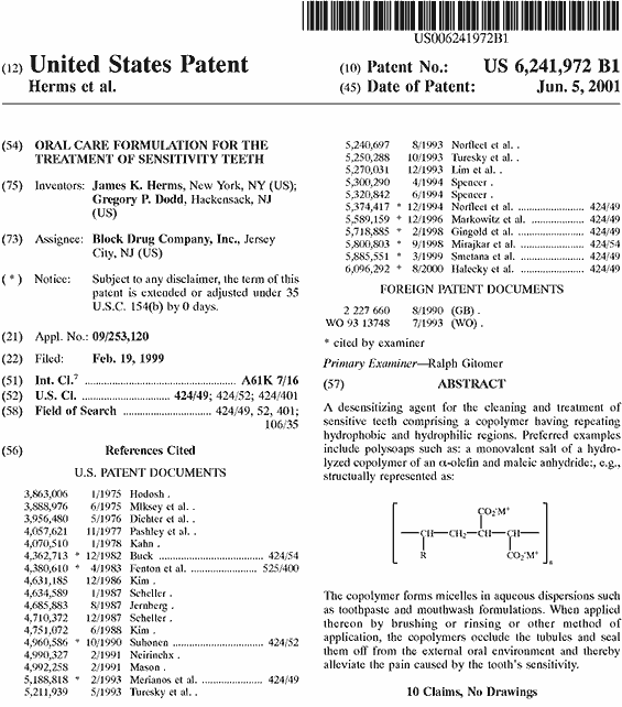 —U.S. Patent No. 6241972 (issued June 5, 2001) (“Oral Care Formulation for 
